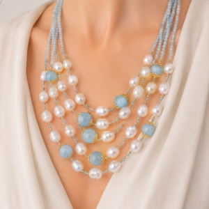 Collana Multifilo Perle Naturali Acquamarina Ematite Argento