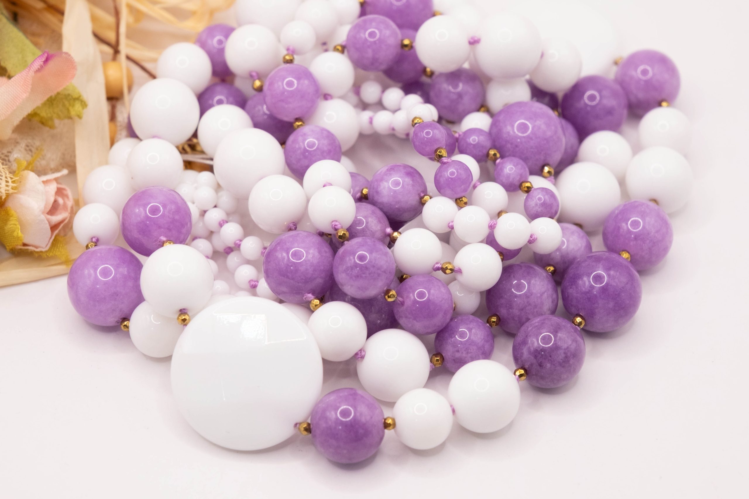 COLLANA AGATA BIANCA KUNZITE ARGENTO DORATO EMATITE ARTIGIANALE FATTA A MANO (1)