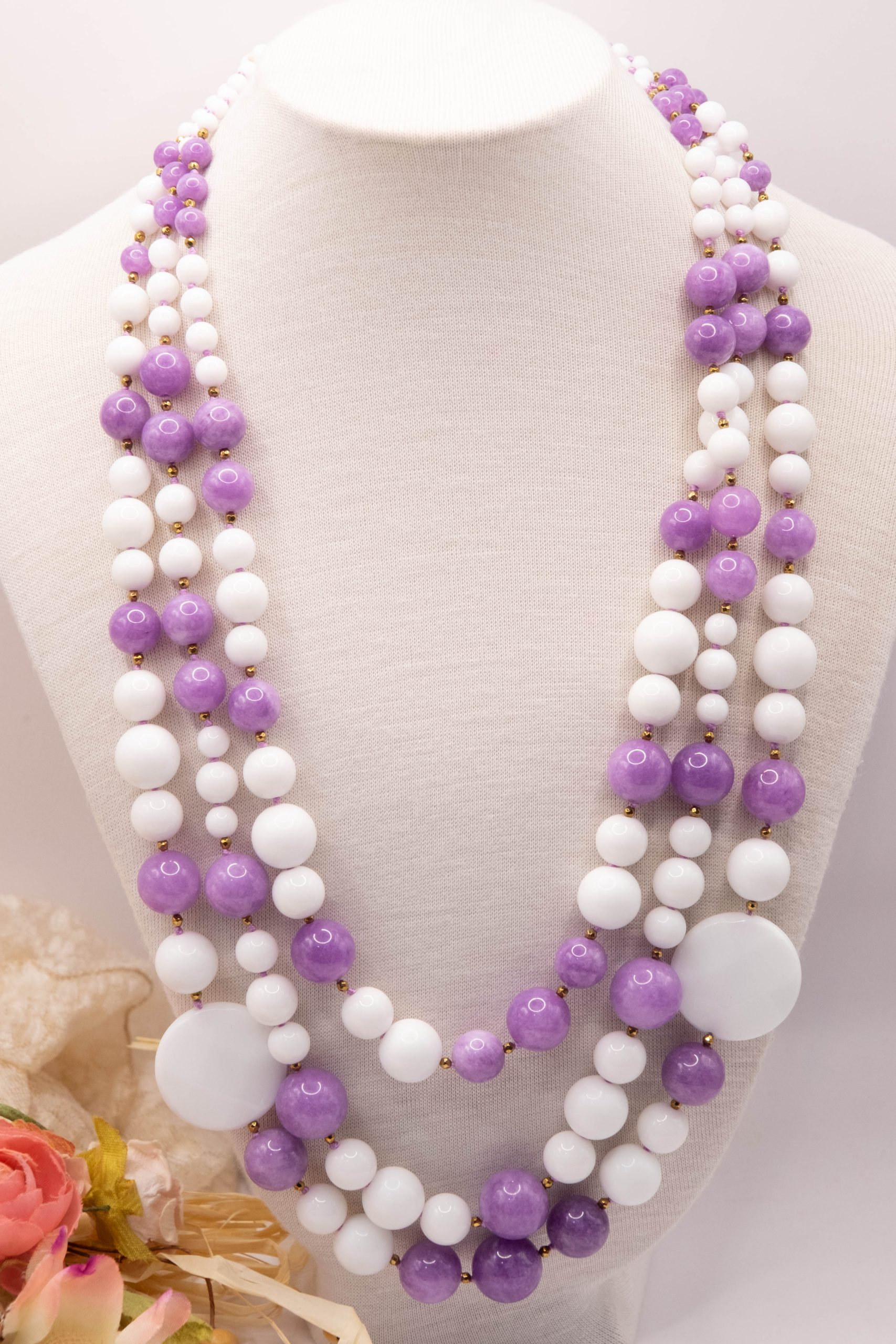 COLLANA AGATA BIANCA KUNZITE ARGENTO DORATO EMATITE ARTIGIANALE FATTA A MANO (2)