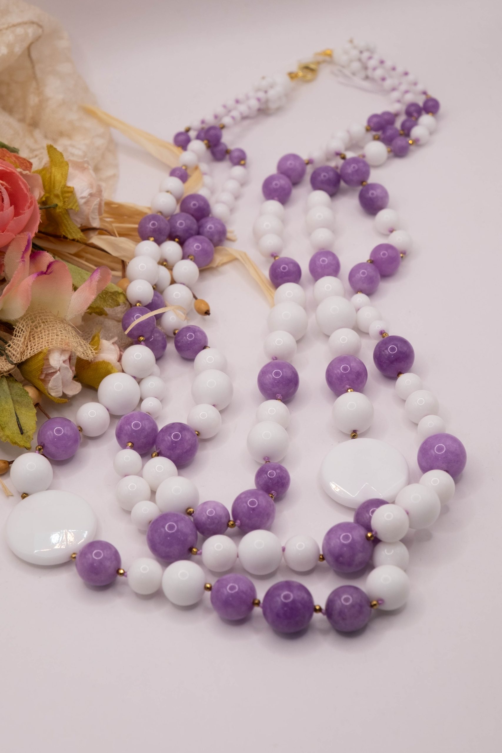 COLLANA AGATA BIANCA KUNZITE ARGENTO DORATO EMATITE ARTIGIANALE FATTA A MANO (4)