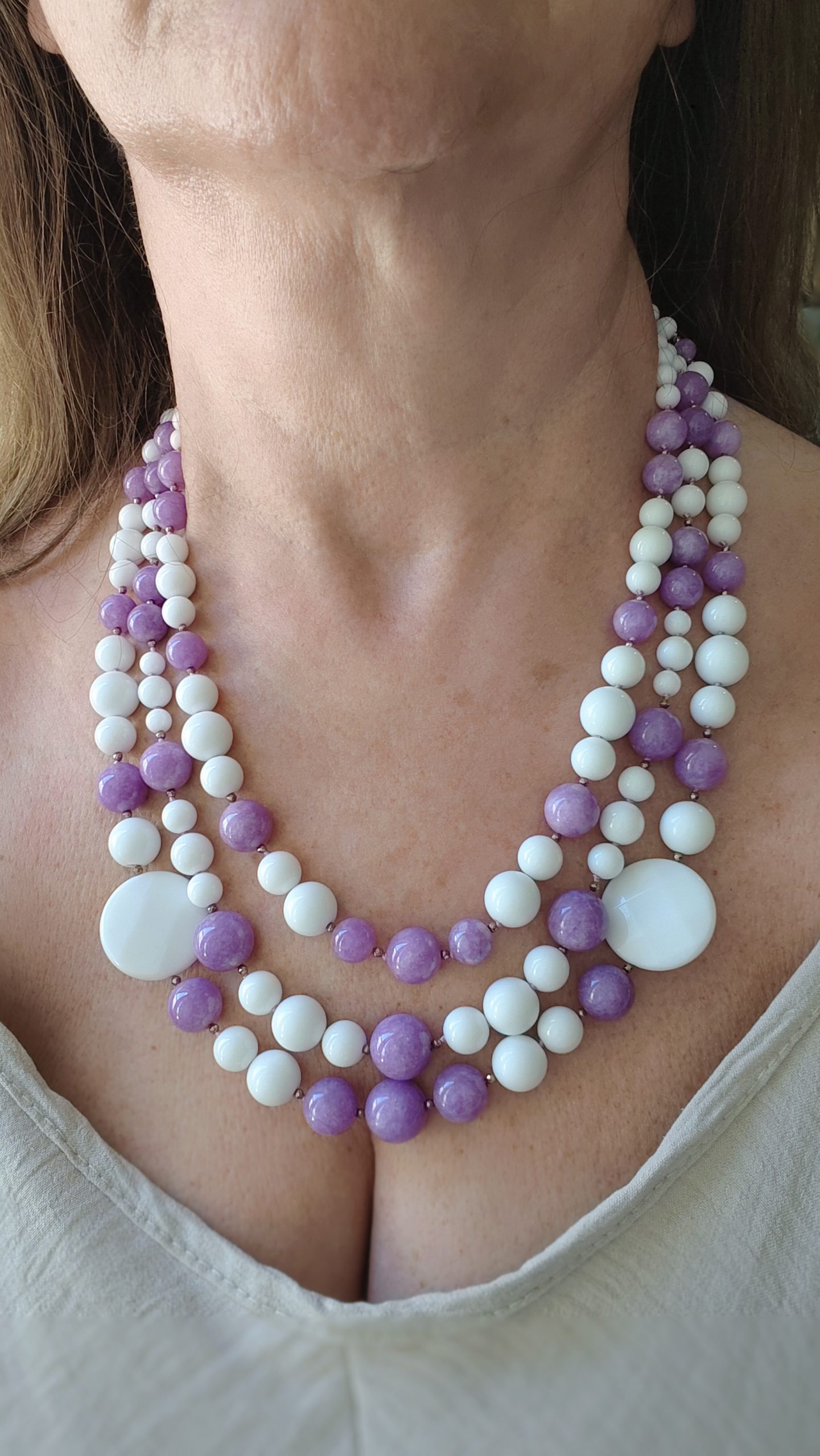 COLLANA AGATA BIANCA KUNZITE ARGENTO DORATO EMATITE ARTIGIANALE FATTA A MANO