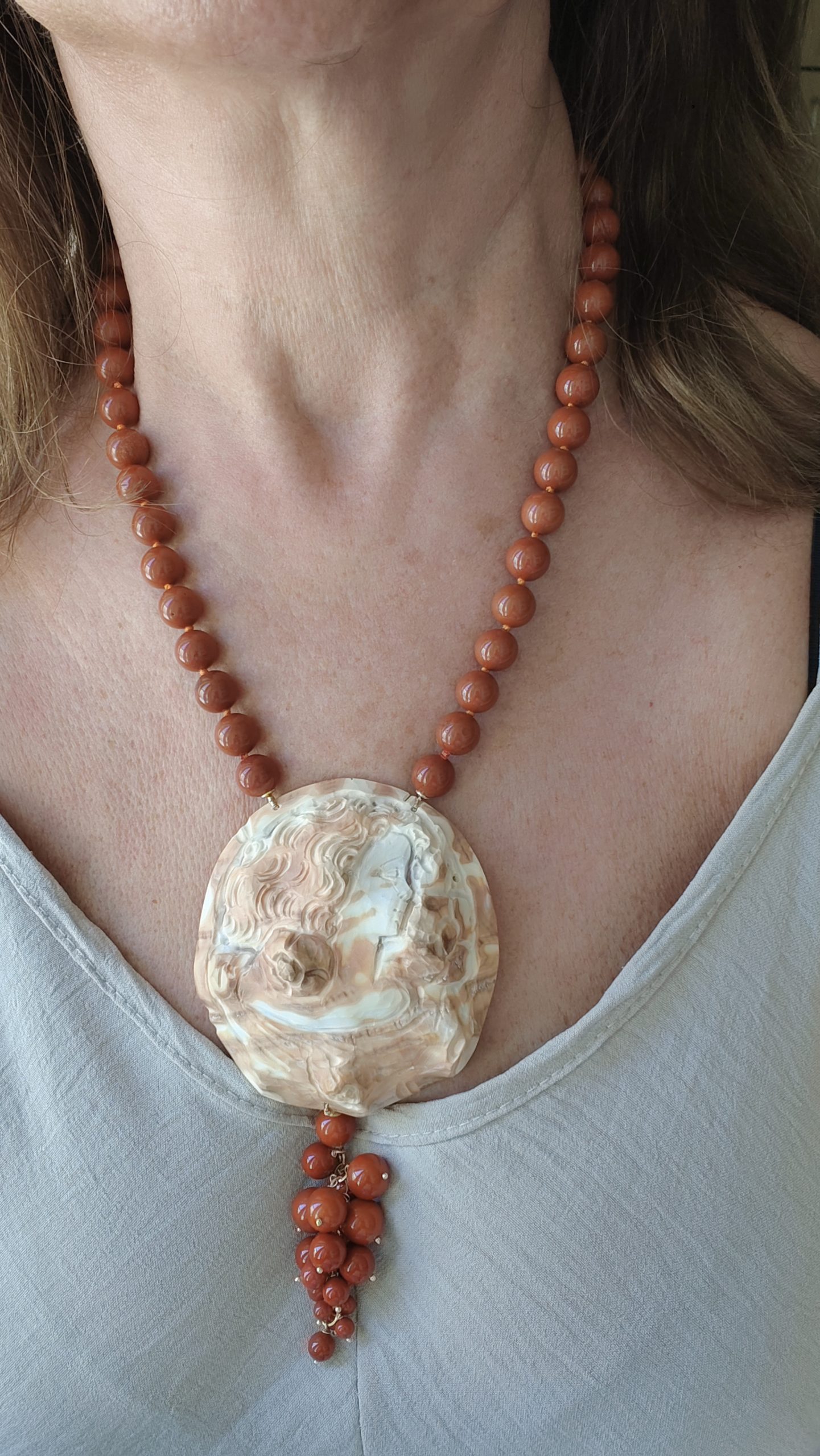 COLLANA CAMMEO DI TORRE DEL GRECO GREZZO E PERLE ROSSE