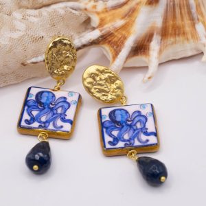 Orecchini Artigianali Mattonelle Ceramica Caltagirone Polpo Giada