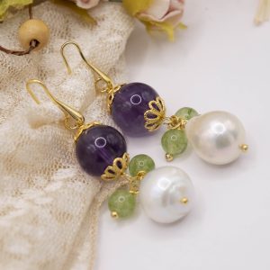 Orecchini Ametista Giada Perle Naturali Argento Dorato