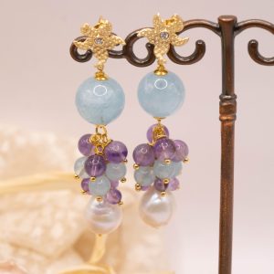 Orecchini Acquamarina Ametista Grappolo Argento Fiore Perle