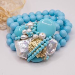 Bracciale Elasticizzato 3 fili Pasta di Turchese Perle Conchiglia 20 cm