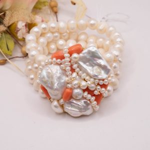 Bracciale Elasticizzato 3 fili Perle Conchiglia Corallo Bamboo Rosa 18/19 cm