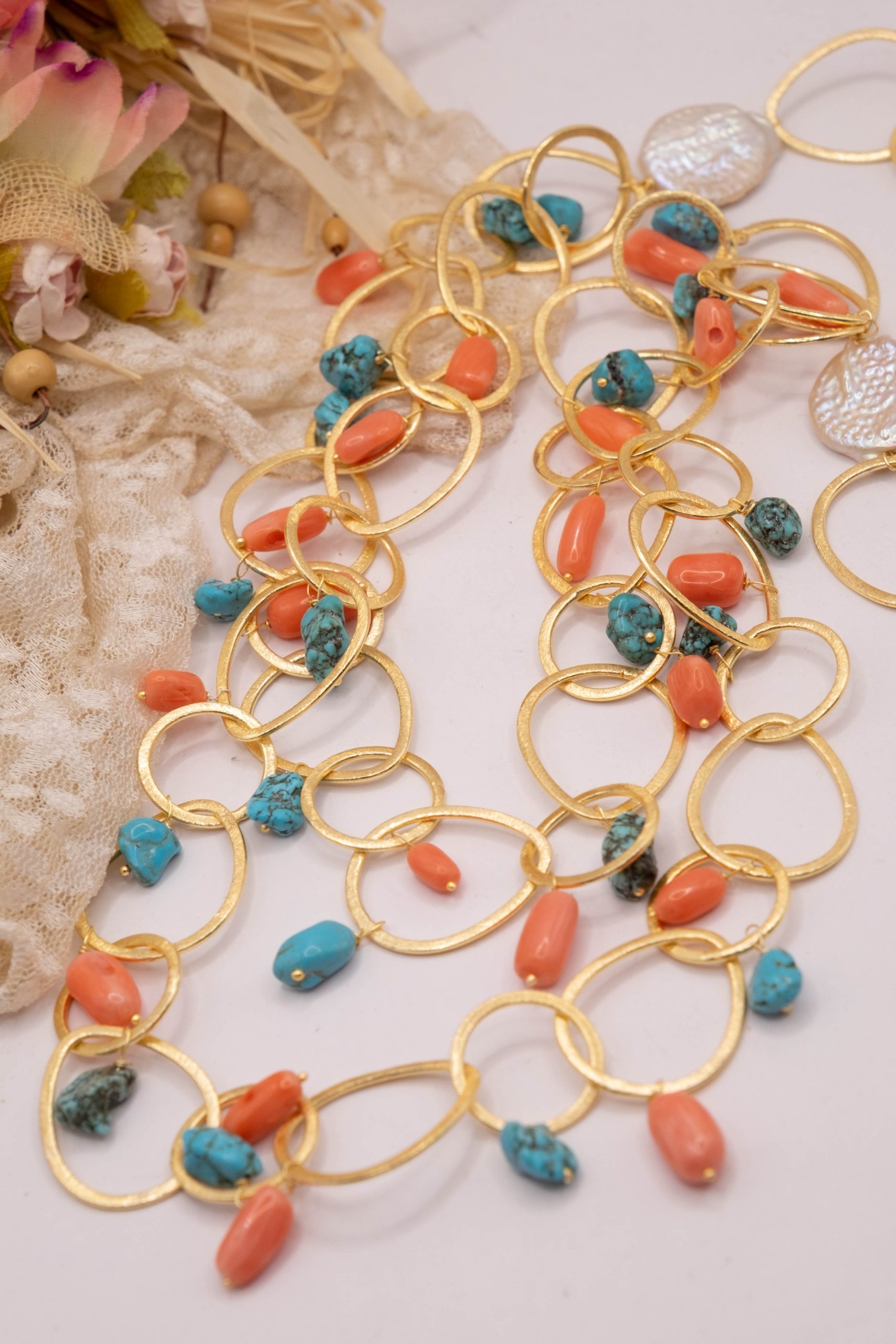 BAMBOO CORAL AND TURQUOISE RING NECKLACE (1)