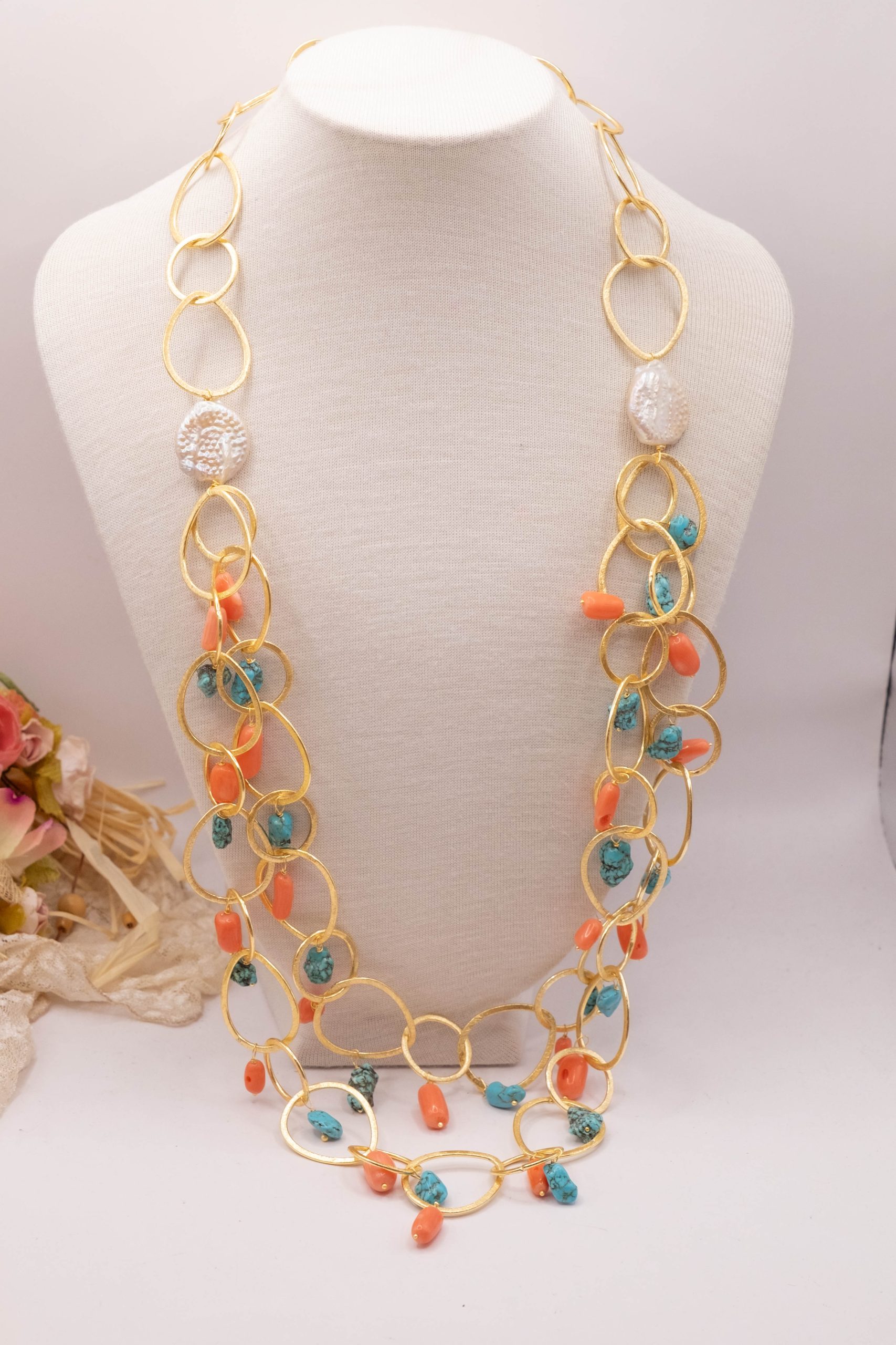 BAMBOO CORAL AND TURQUOISE RING NECKLACE (2)