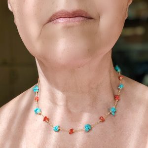 Collana Artigianale Argento 925 Dorato Corallo Turchese