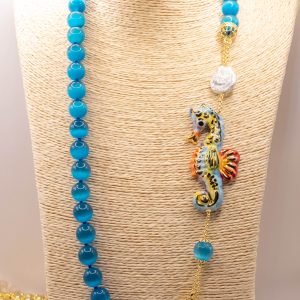 Collana Cavalluccio in ceramica di Caltagirone e Occhio di Gatto Blu