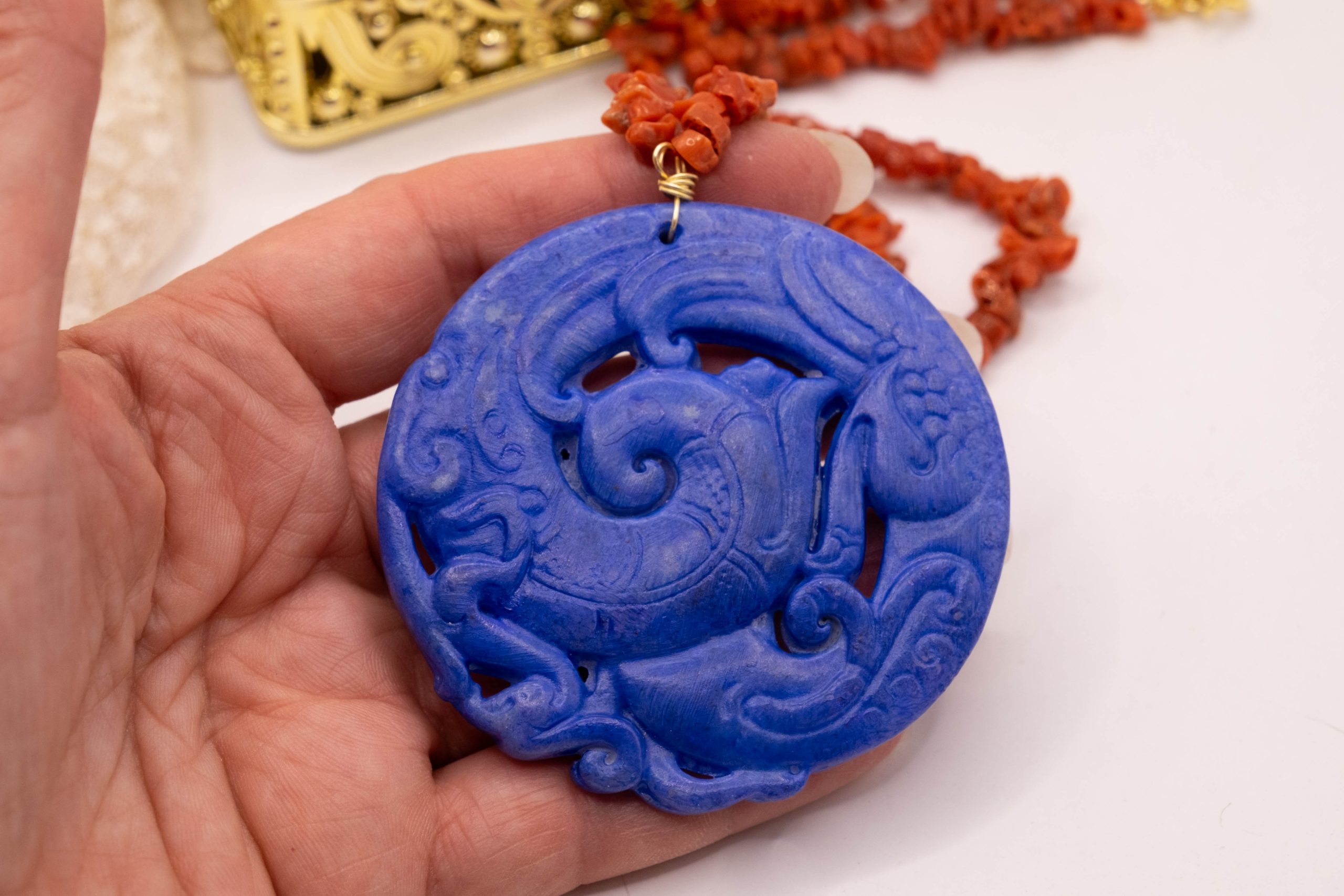 COLLANA ARTIGIANALE GIADA MANDALA BLU CORALLO NATURALE ARGENTO 925 (1)