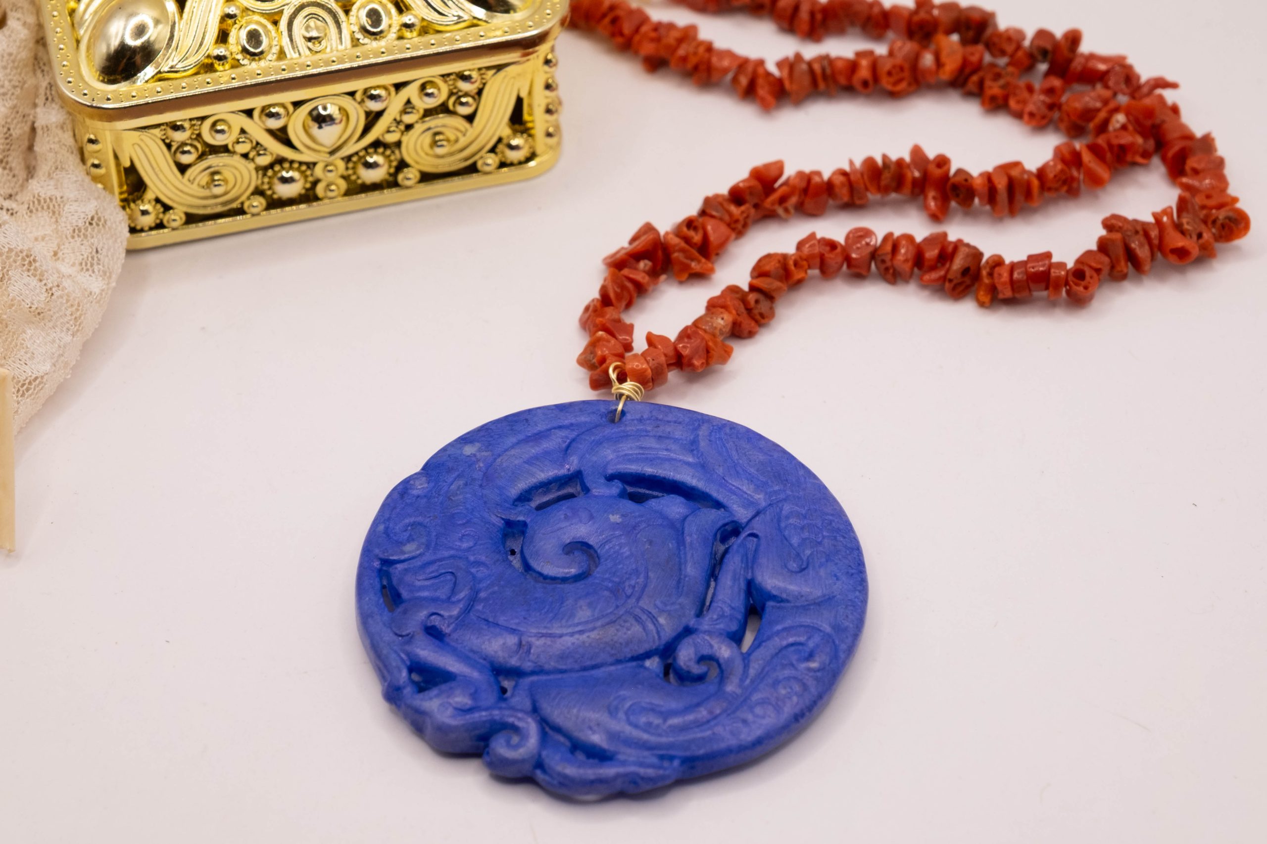 COLLANA ARTIGIANALE GIADA MANDALA BLU CORALLO NATURALE ARGENTO 925 (5)