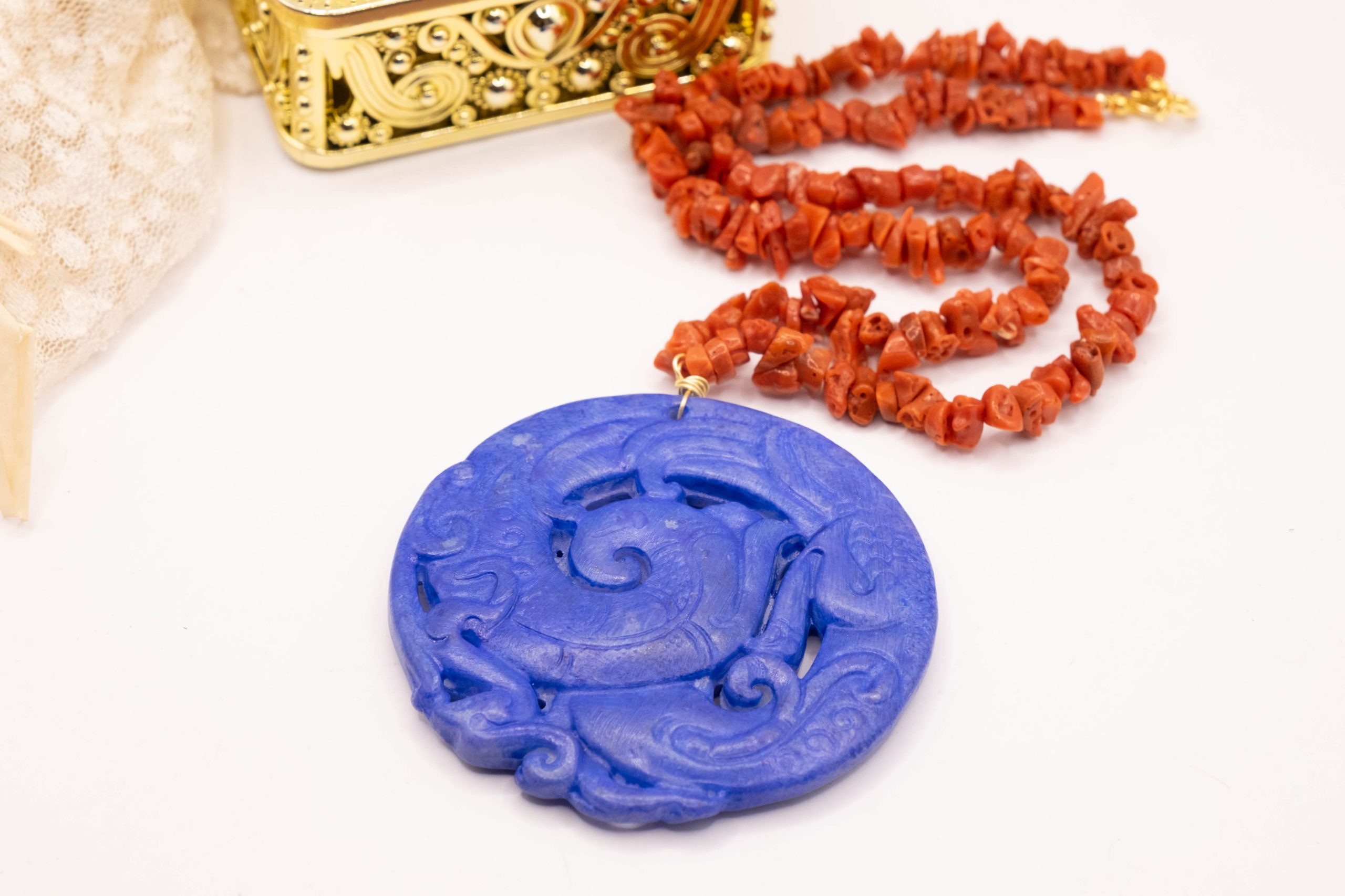 COLLANA ARTIGIANALE GIADA MANDALA BLU CORALLO NATURALE ARGENTO 925 (6)