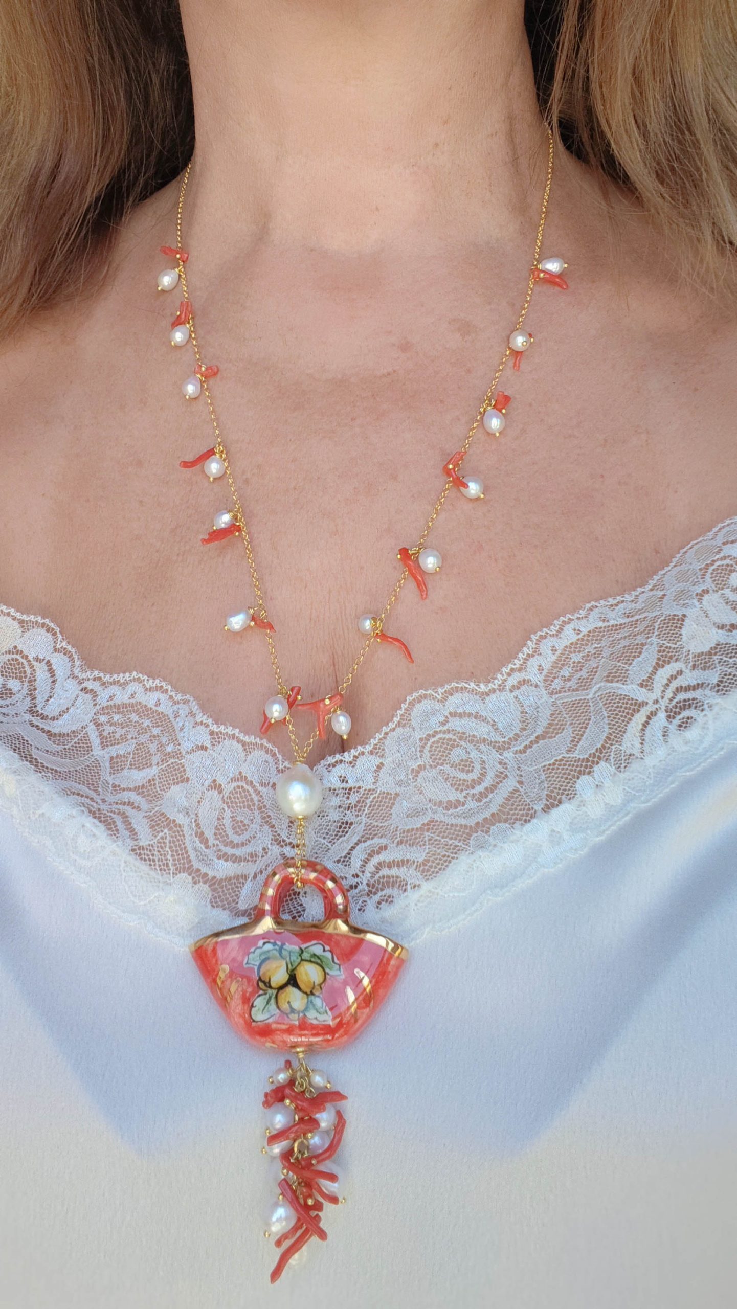 COLLANA COFFA CORALLO PERLE ARGENTO