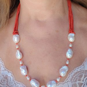 Collana Multifilo Corallo Bamboo e Perle