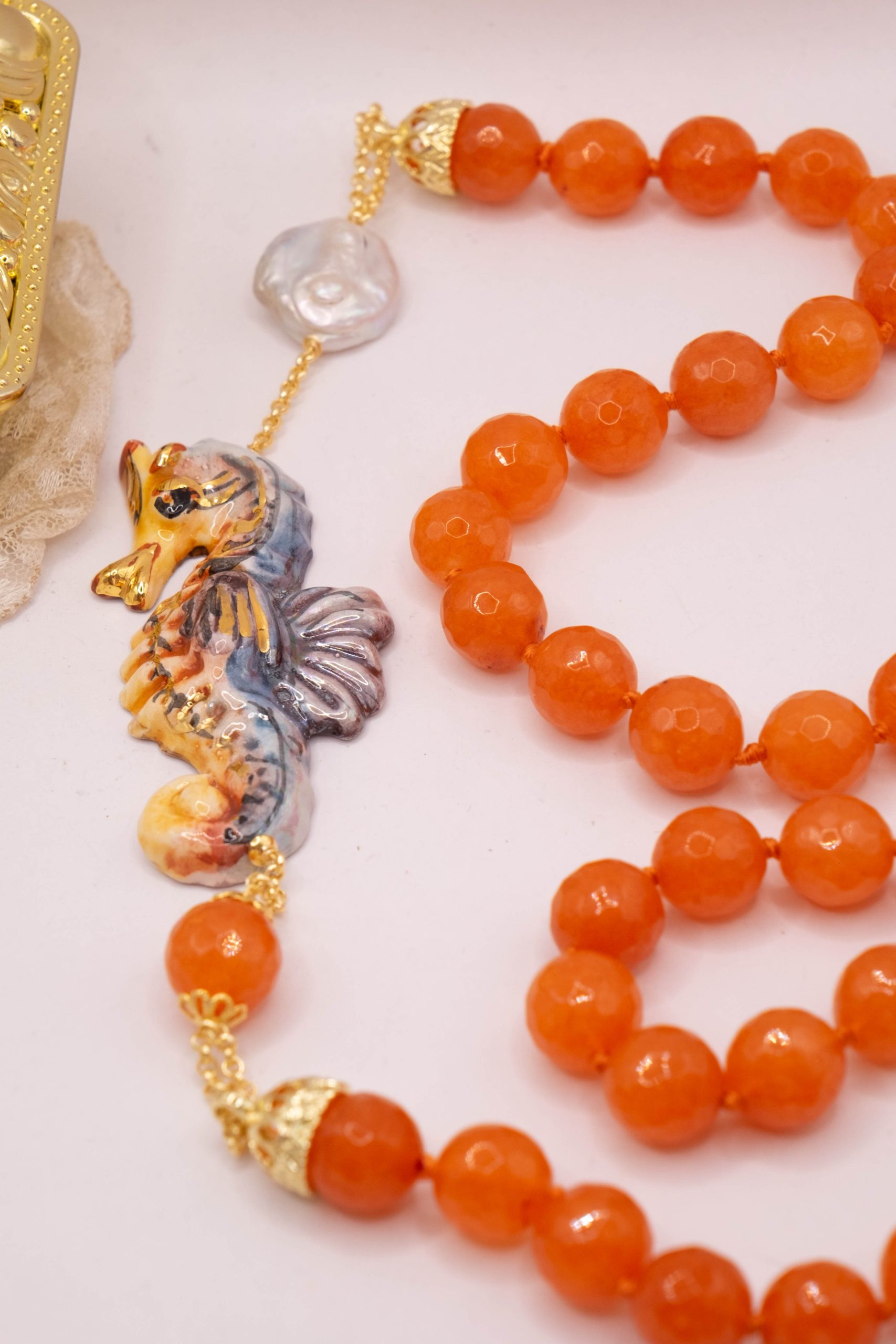 COLLANA CORNIOLA SFACCETTATA PERLA CAVALLUCCIO MARINO CERAMICA DI CALTAGIRONE SICILIANA (1)