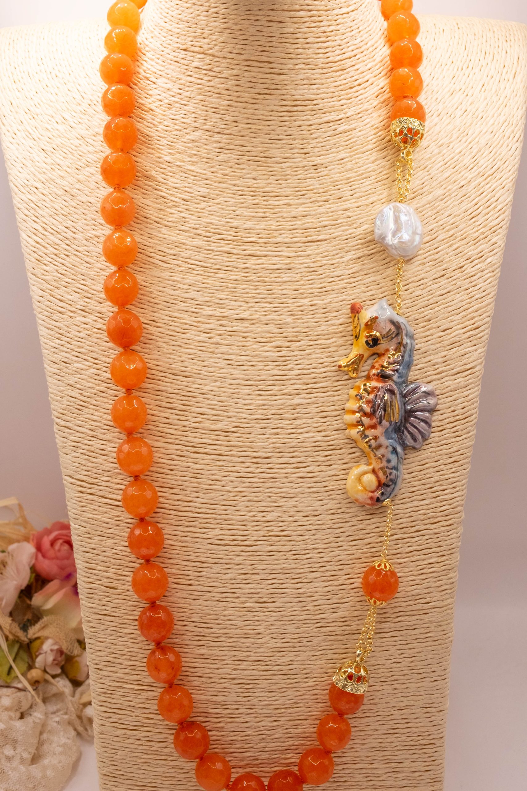 COLLANA CORNIOLA SFACCETTATA PERLA CAVALLUCCIO MARINO CERAMICA DI CALTAGIRONE SICILIANA (2)