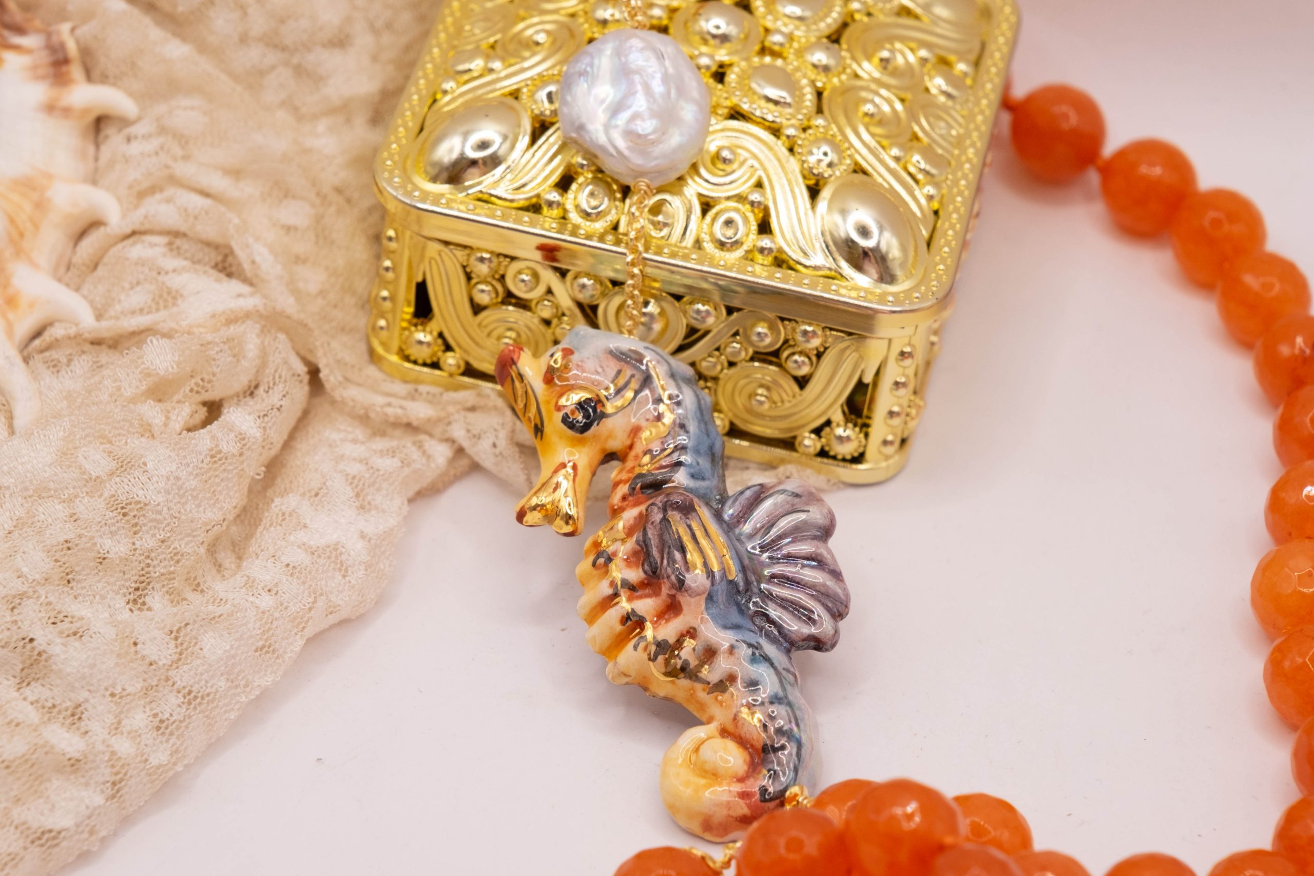 COLLANA CORNIOLA SFACCETTATA PERLA CAVALLUCCIO MARINO CERAMICA DI CALTAGIRONE SICILIANA (3)