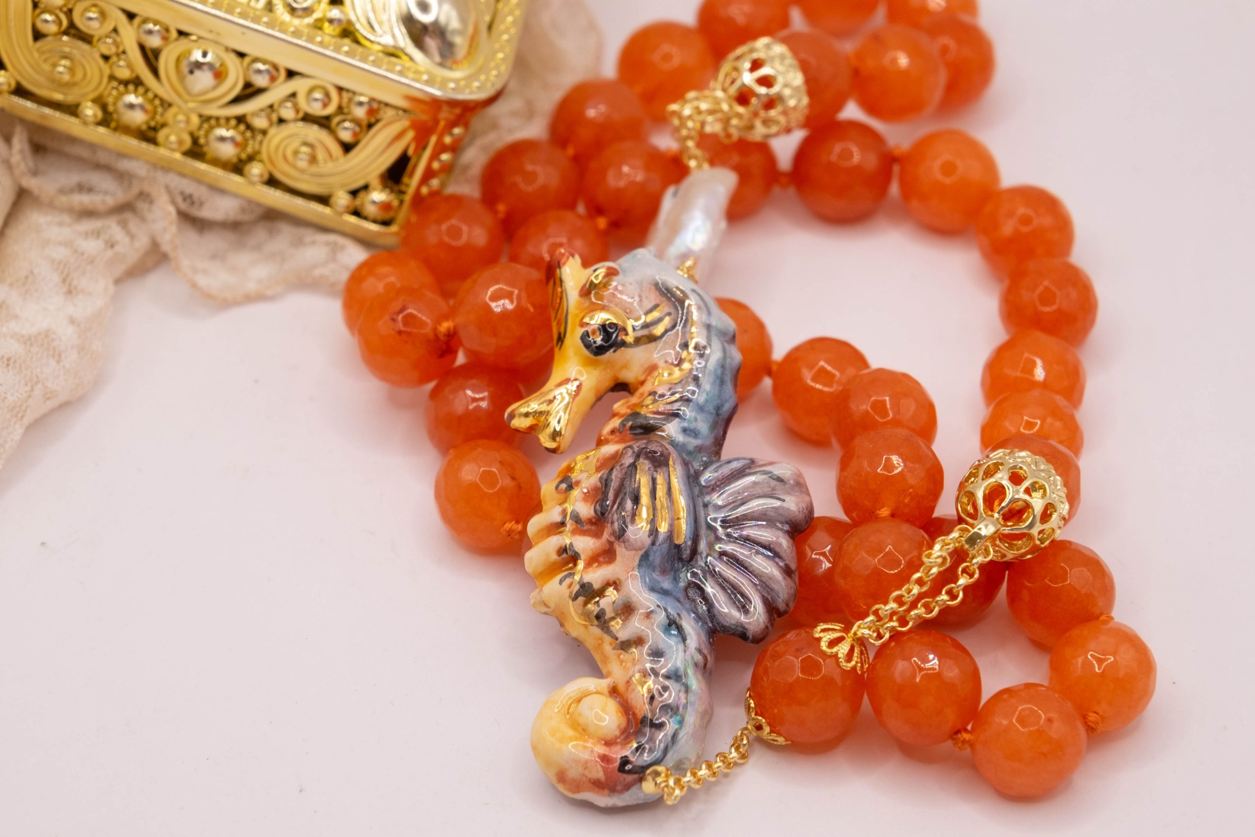 COLLANA CORNIOLA SFACCETTATA PERLA CAVALLUCCIO MARINO CERAMICA DI CALTAGIRONE SICILIANA (4)