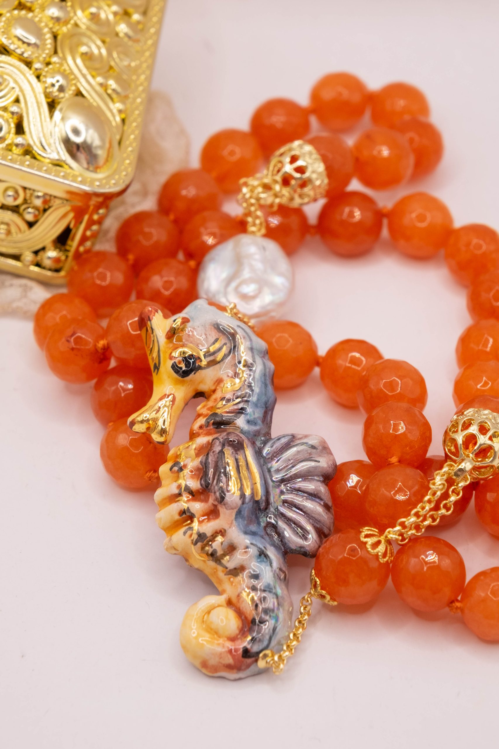 COLLANA CORNIOLA SFACCETTATA PERLA CAVALLUCCIO MARINO CERAMICA DI CALTAGIRONE SICILIANA (5)