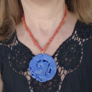 Collana corallo rosso del Mediterraneo Mandala Blu argento 925