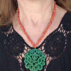 Collana corallo rosso del Mediterraneo Mandala Verde argento 925