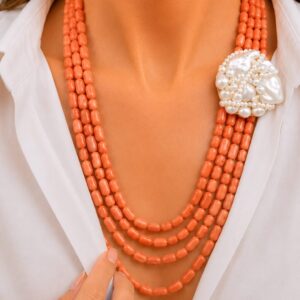 Collana Multifilo Lunga Corallo Bamboo Rosa Salmone Perle