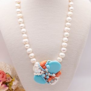 Collana Perle Naturali Centrale Tessito Perle Corallo Bamboo Rosa