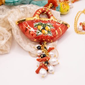 Collana Coffa Ceramica di Caltagirone Perle Corallo Argento 2 versioni