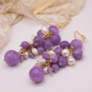 Orecchini Kunzite Perle Grappolo Argento Dorato B