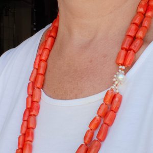 Collana 2 Fili Lunga Corallo Bamboo Rosso Sciacca Perle