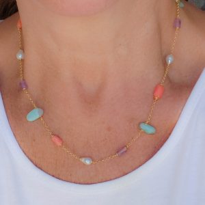 Collana Artigianale Argento Corallo Salmone Ametista Amazzonite Perle