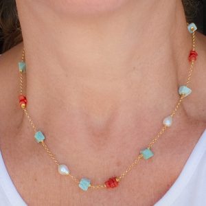Collana Artigianale Argento 925 Dorato Corallo Larimar Perle