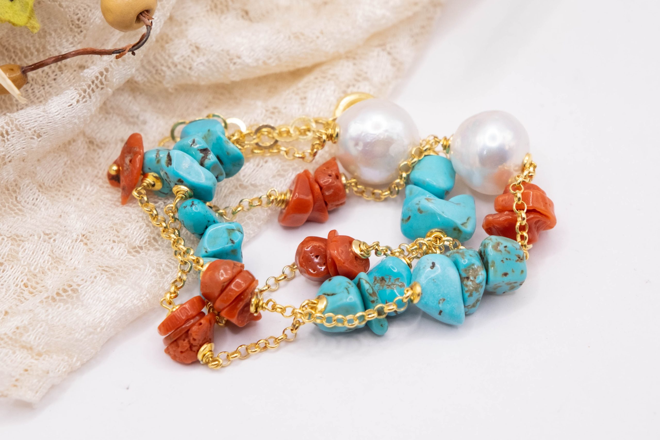 HANDMADE SILVER CORAL TURQUOISE PEARL NECKLACE (1)