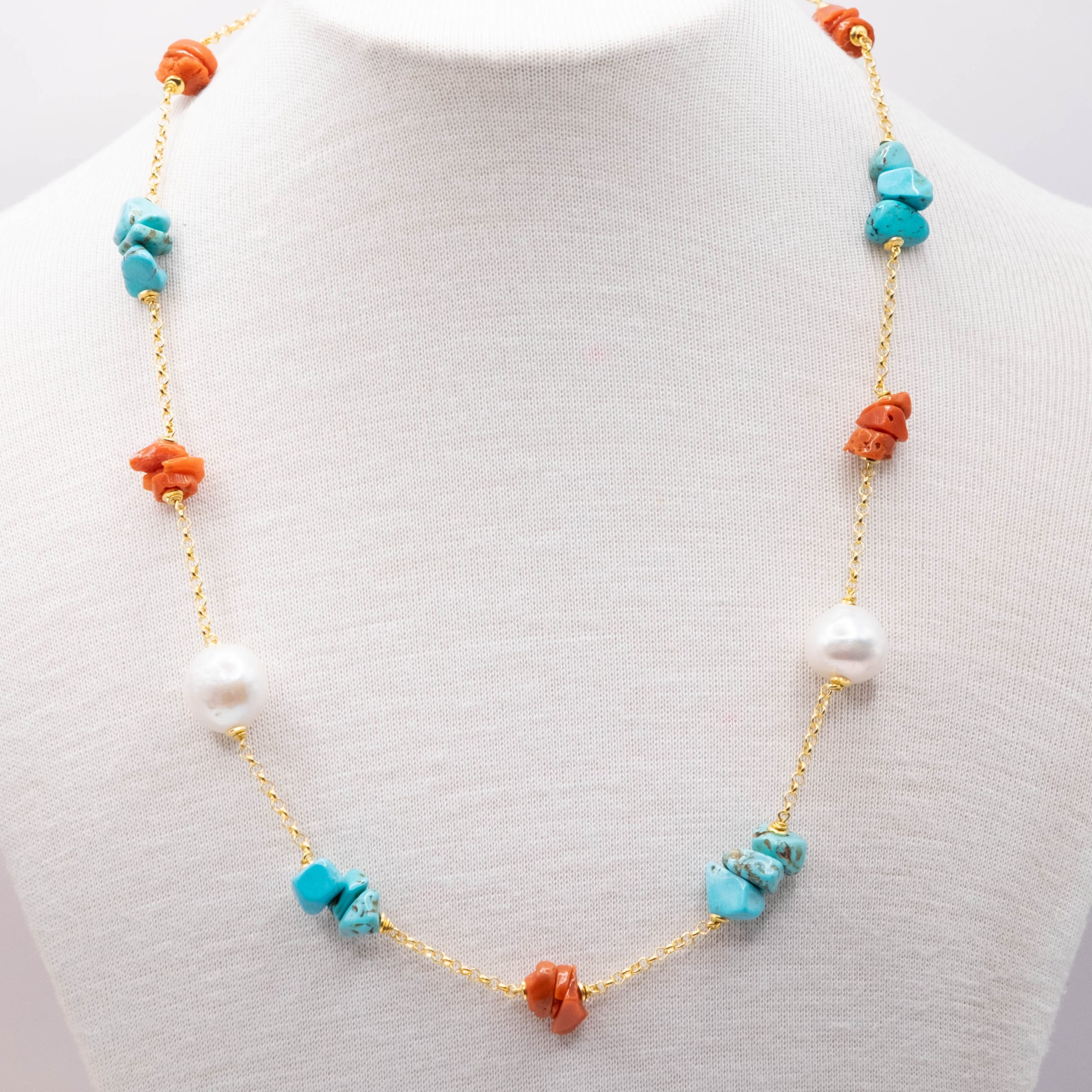 HANDMADE SILVER CORAL TURQUOISE PEARL NECKLACE (2)