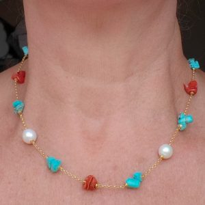 Collana Artigianale Argento 925 Dorato Corallo Turchese Perle