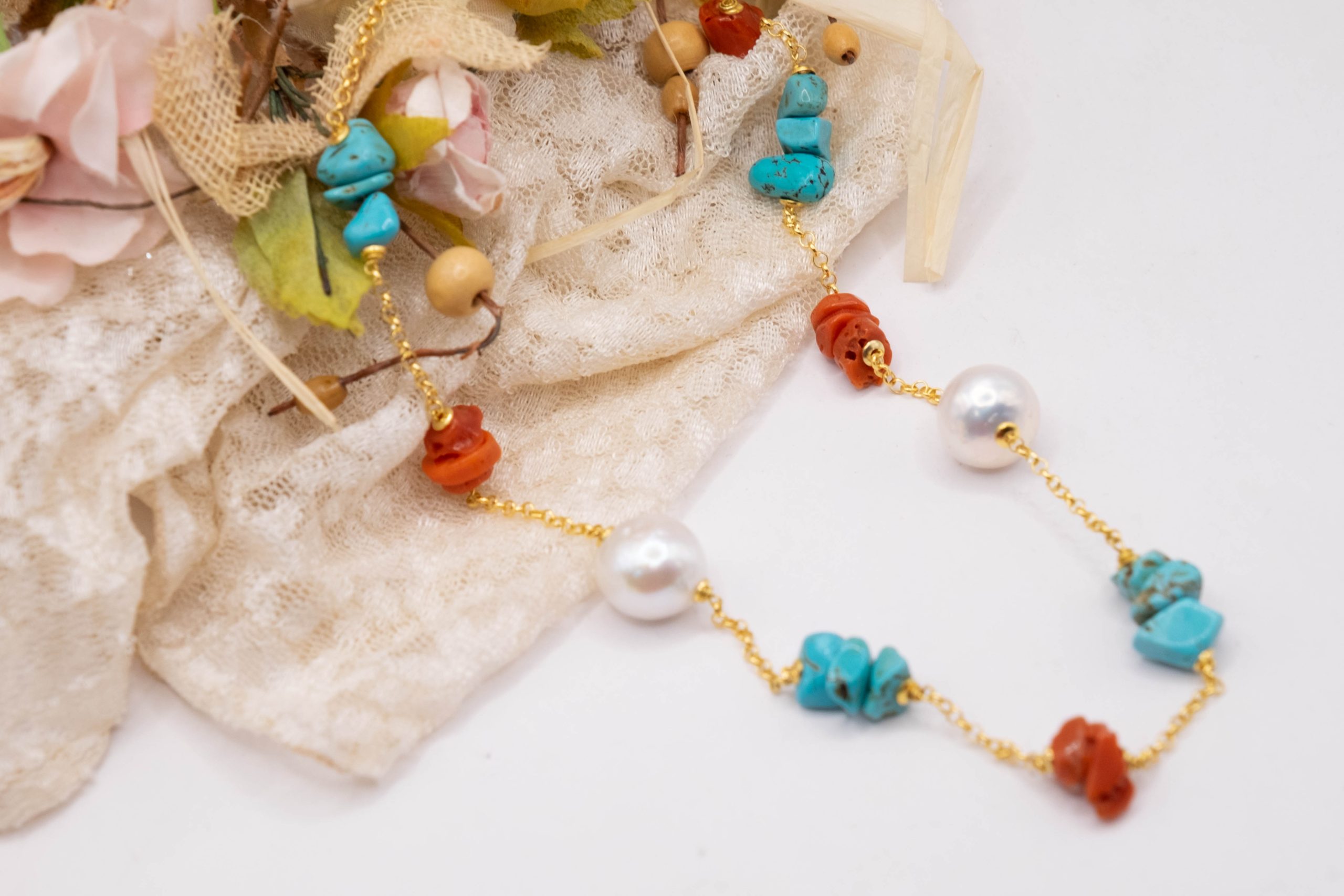 HANDMADE SILVER CORAL TURQUOISE PEARL NECKLACE (4)