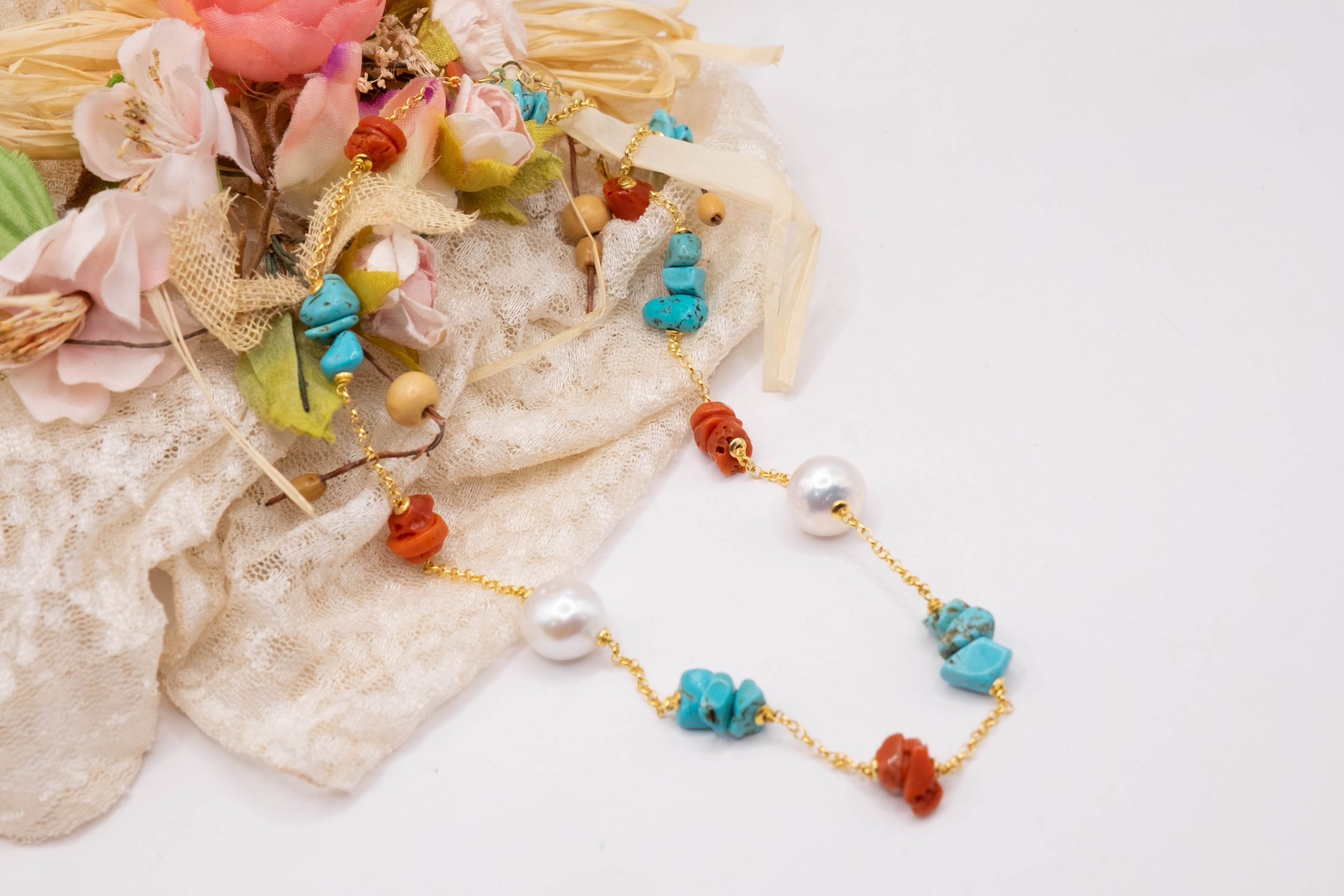 HANDMADE SILVER CORAL TURQUOISE PEARL NECKLACE (5)