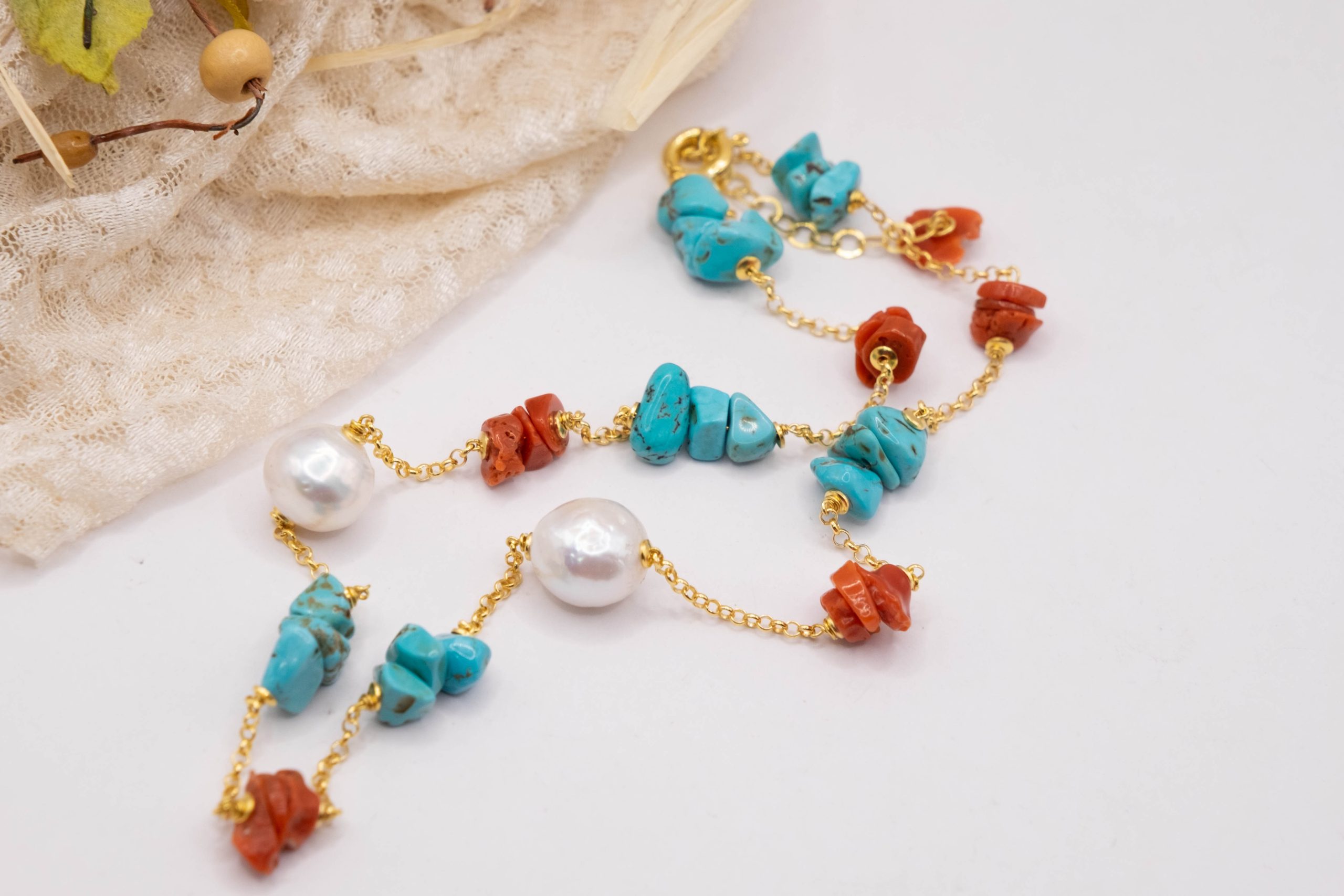 HANDMADE SILVER CORAL TURQUOISE PEARL NECKLACE (6)