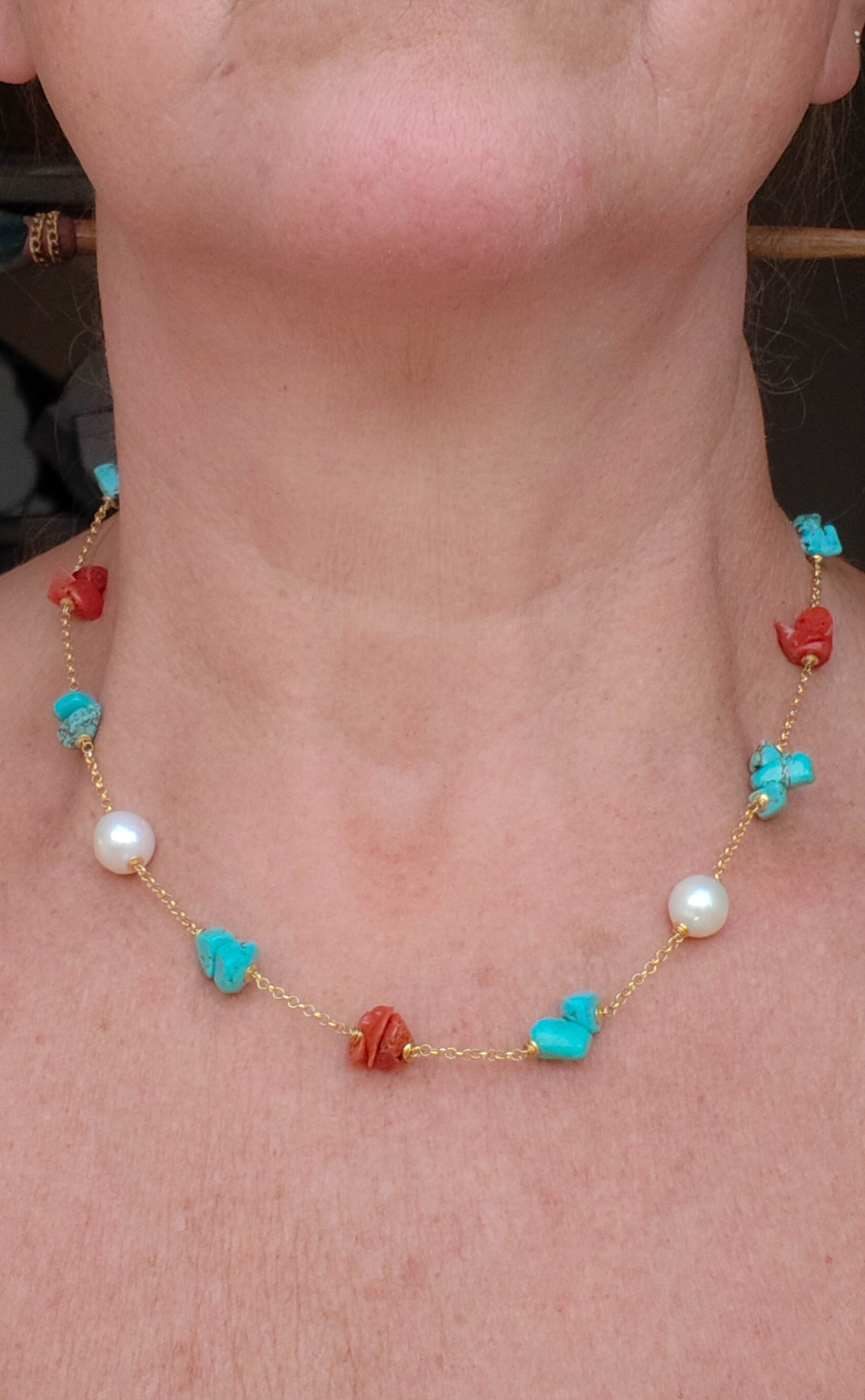 HANDMADE SILVER CORAL TURQUOISE PEARL NECKLACE
