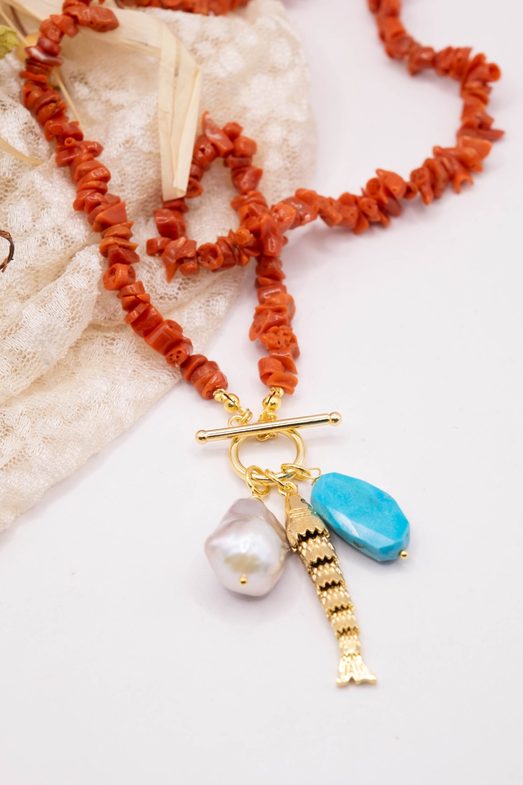 COLLANA ARTIGIANALE CORALLO DEL MEDITERRANEO ARGENTO AMBRA PERLA TURCHESE (10)