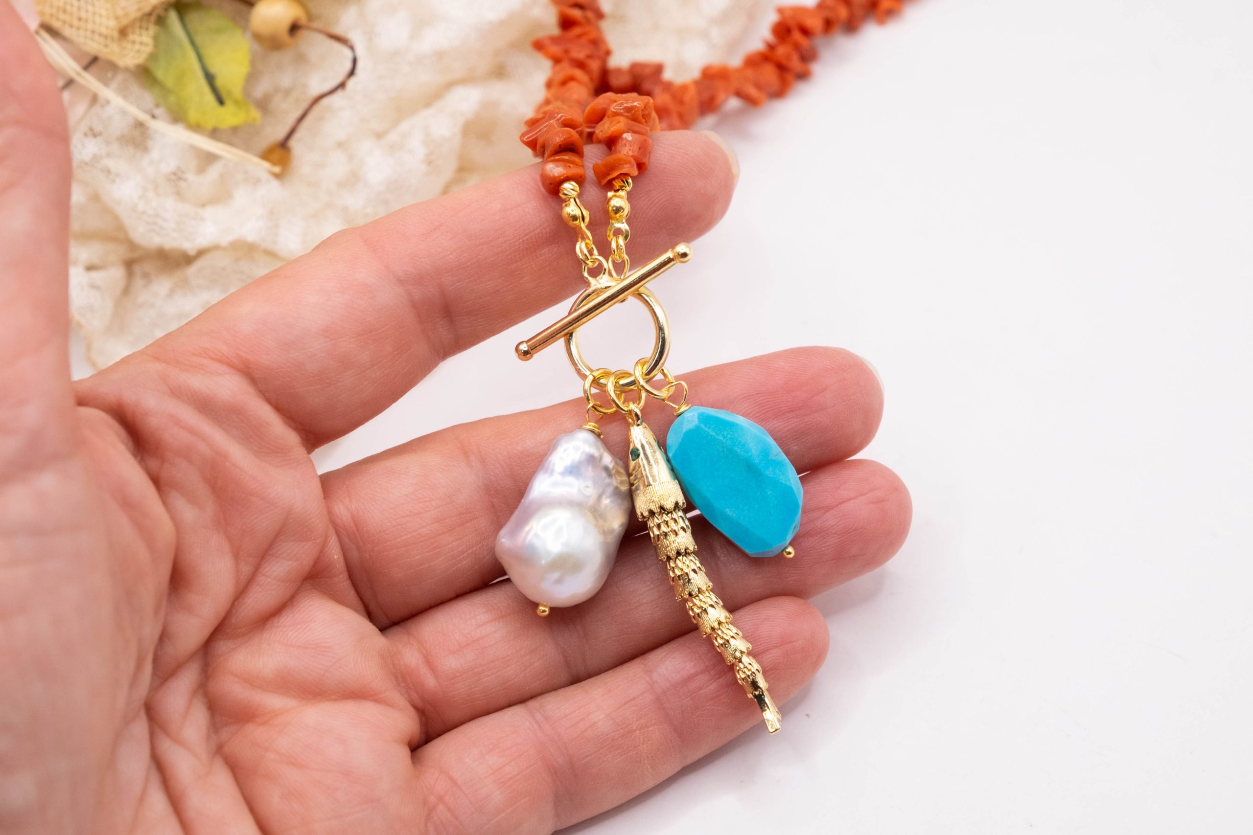 COLLANA ARTIGIANALE CORALLO DEL MEDITERRANEO ARGENTO AMBRA PERLA TURCHESE (12)