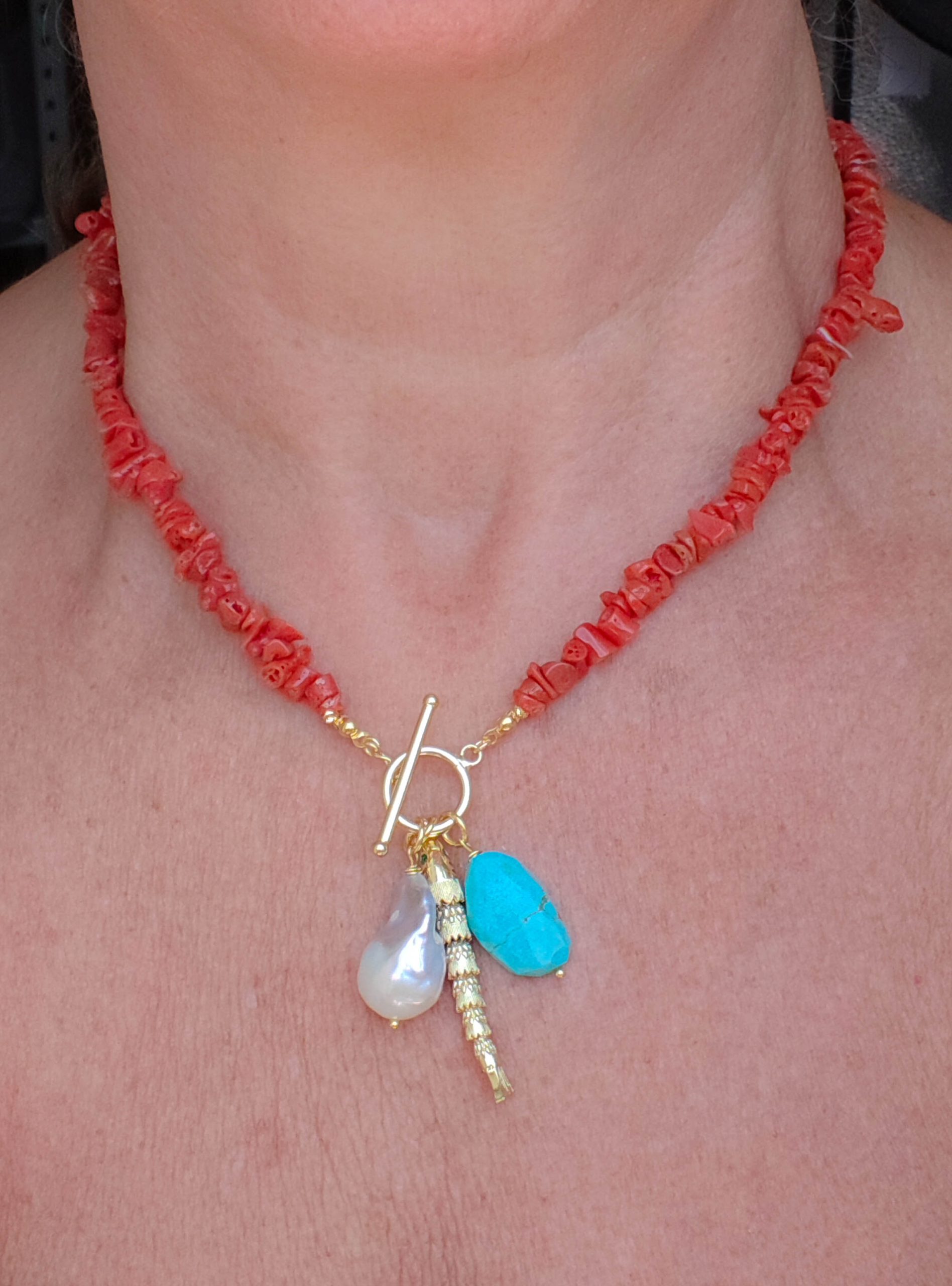 COLLANA ARTIGIANALE CORALLO DEL MEDITERRANEO ARGENTO AMBRA PERLA TURCHESE (2)