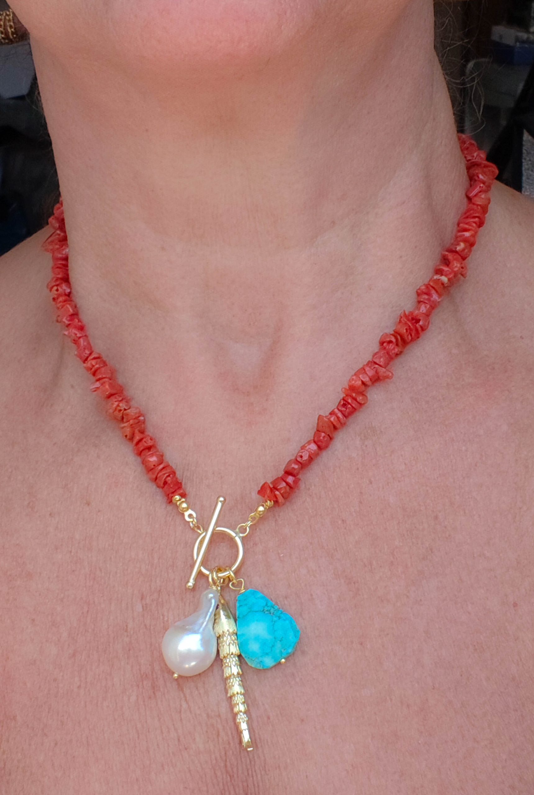 COLLANA ARTIGIANALE CORALLO DEL MEDITERRANEO ARGENTO AMBRA PERLA TURCHESE (3)