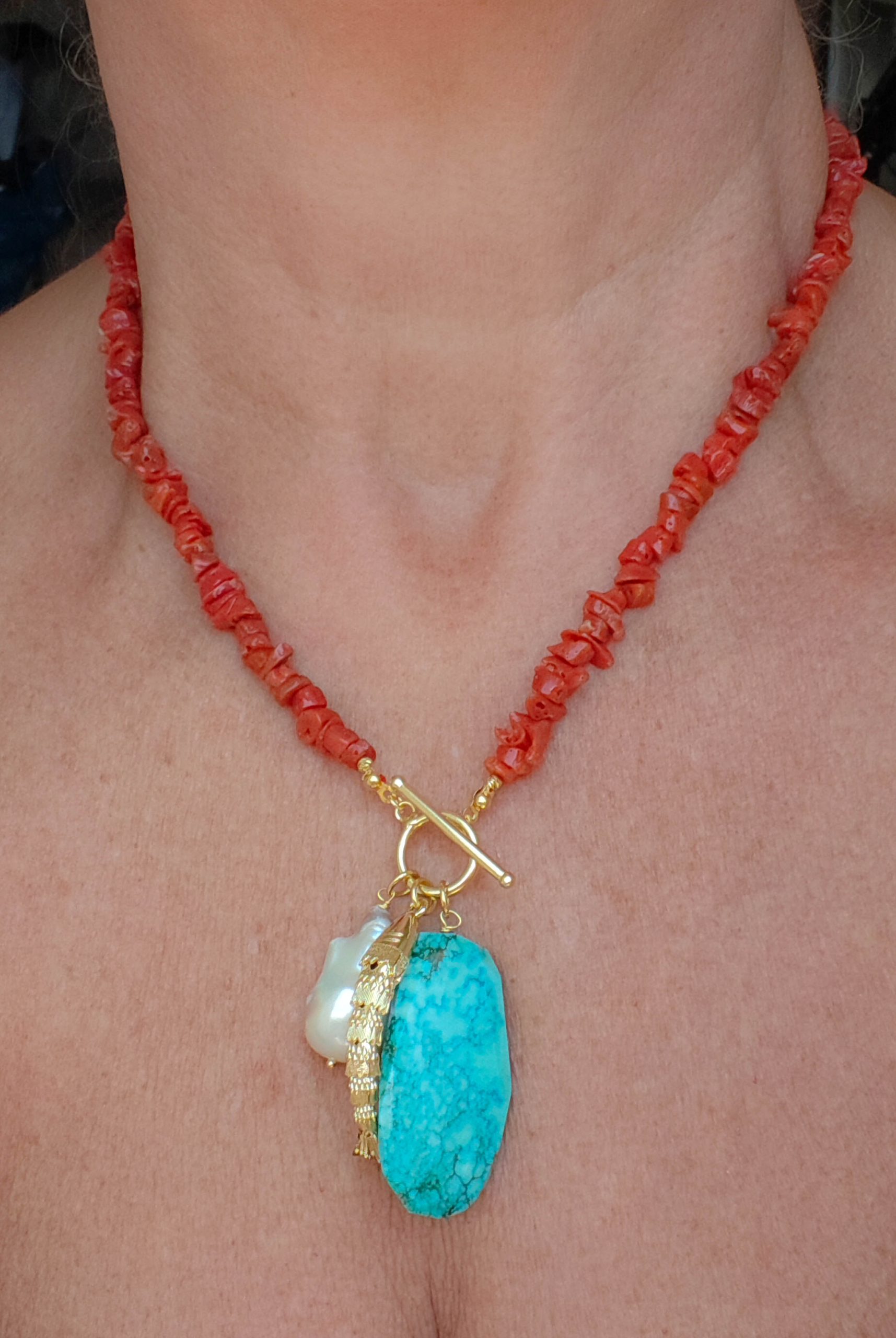 COLLANA ARTIGIANALE CORALLO DEL MEDITERRANEO ARGENTO AMBRA PERLA TURCHESE (4)