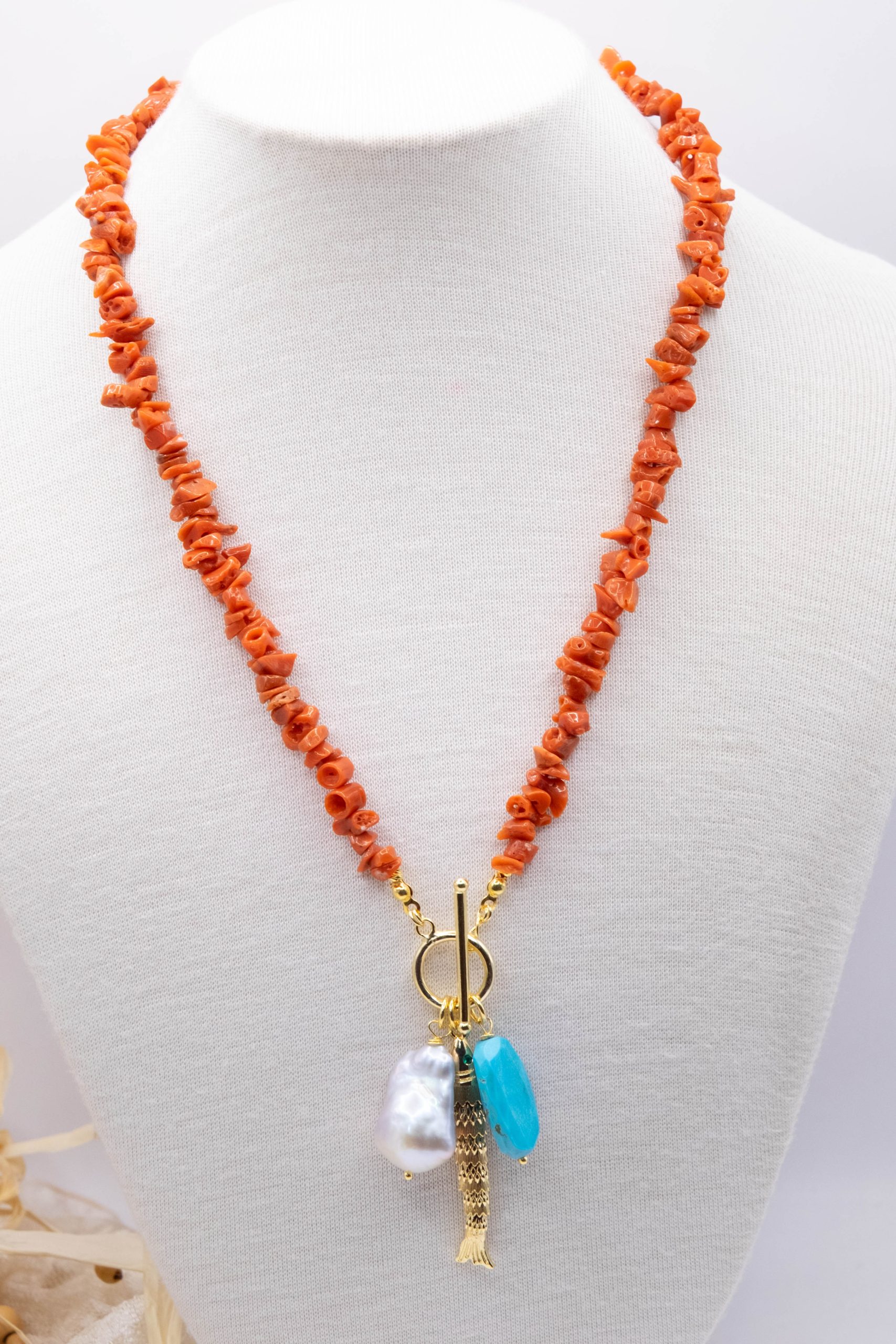 COLLANA ARTIGIANALE CORALLO DEL MEDITERRANEO ARGENTO AMBRA PERLA TURCHESE (5)