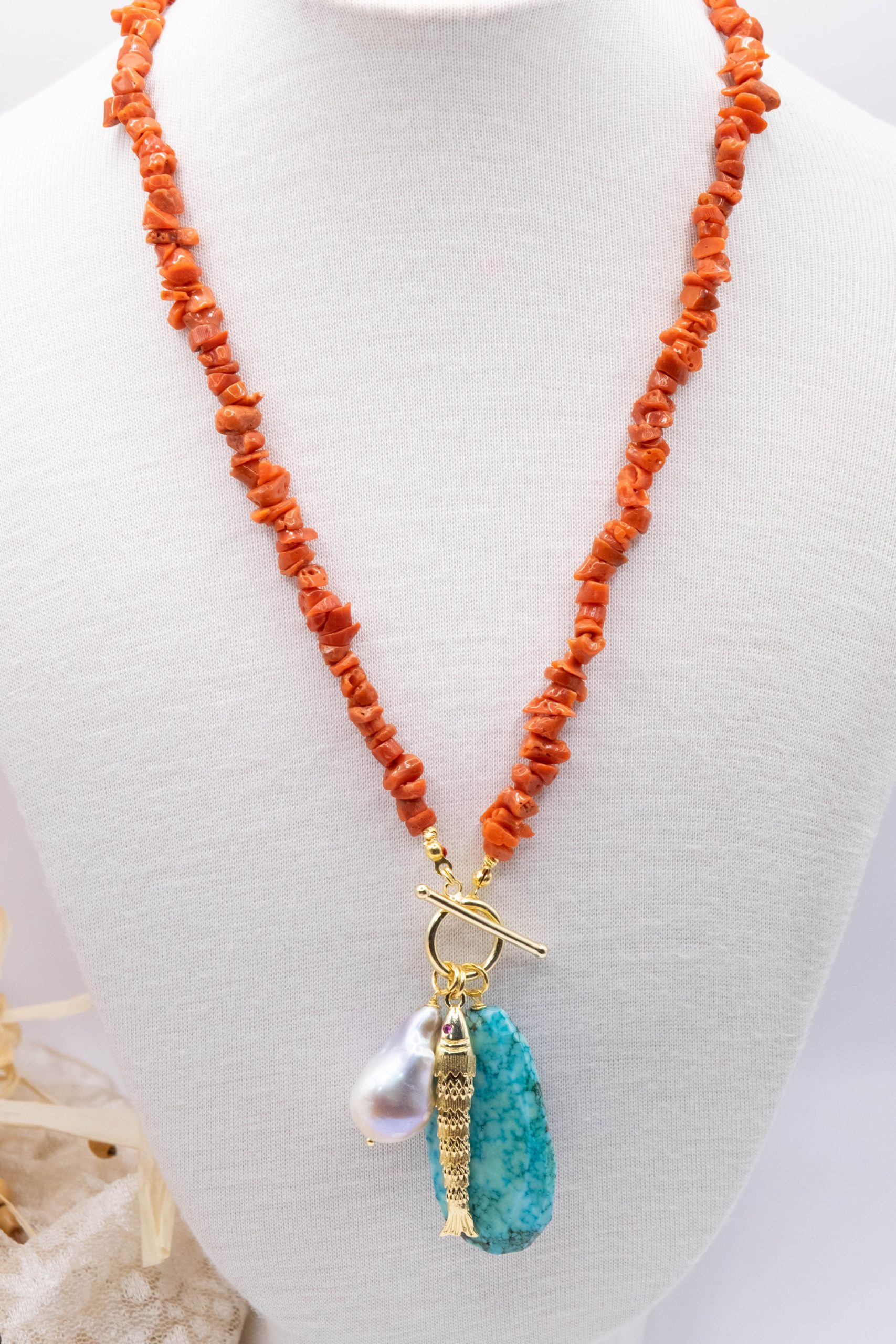 COLLANA ARTIGIANALE CORALLO DEL MEDITERRANEO ARGENTO AMBRA PERLA TURCHESE (7)