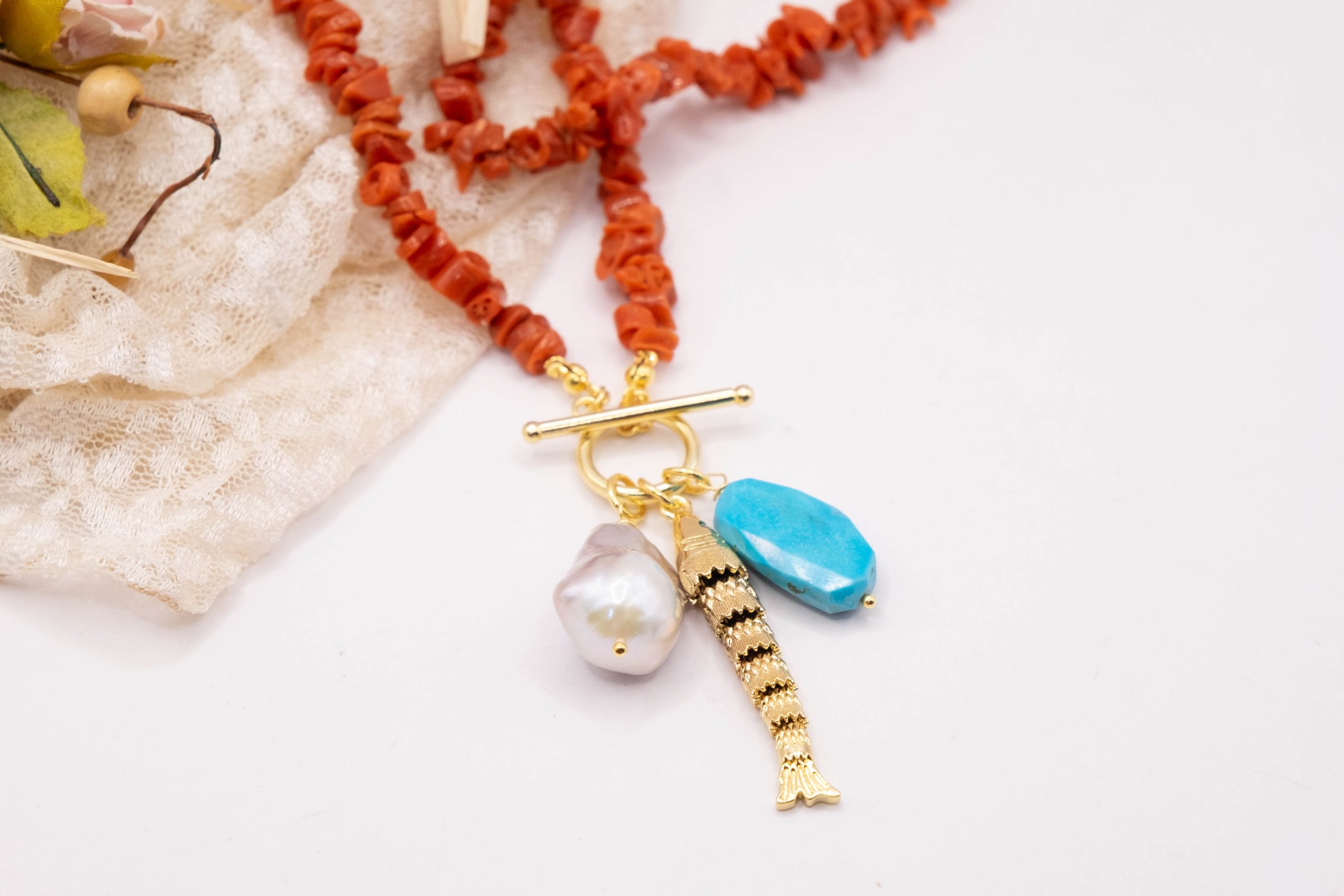 COLLANA ARTIGIANALE CORALLO DEL MEDITERRANEO ARGENTO AMBRA PERLA TURCHESE (9)