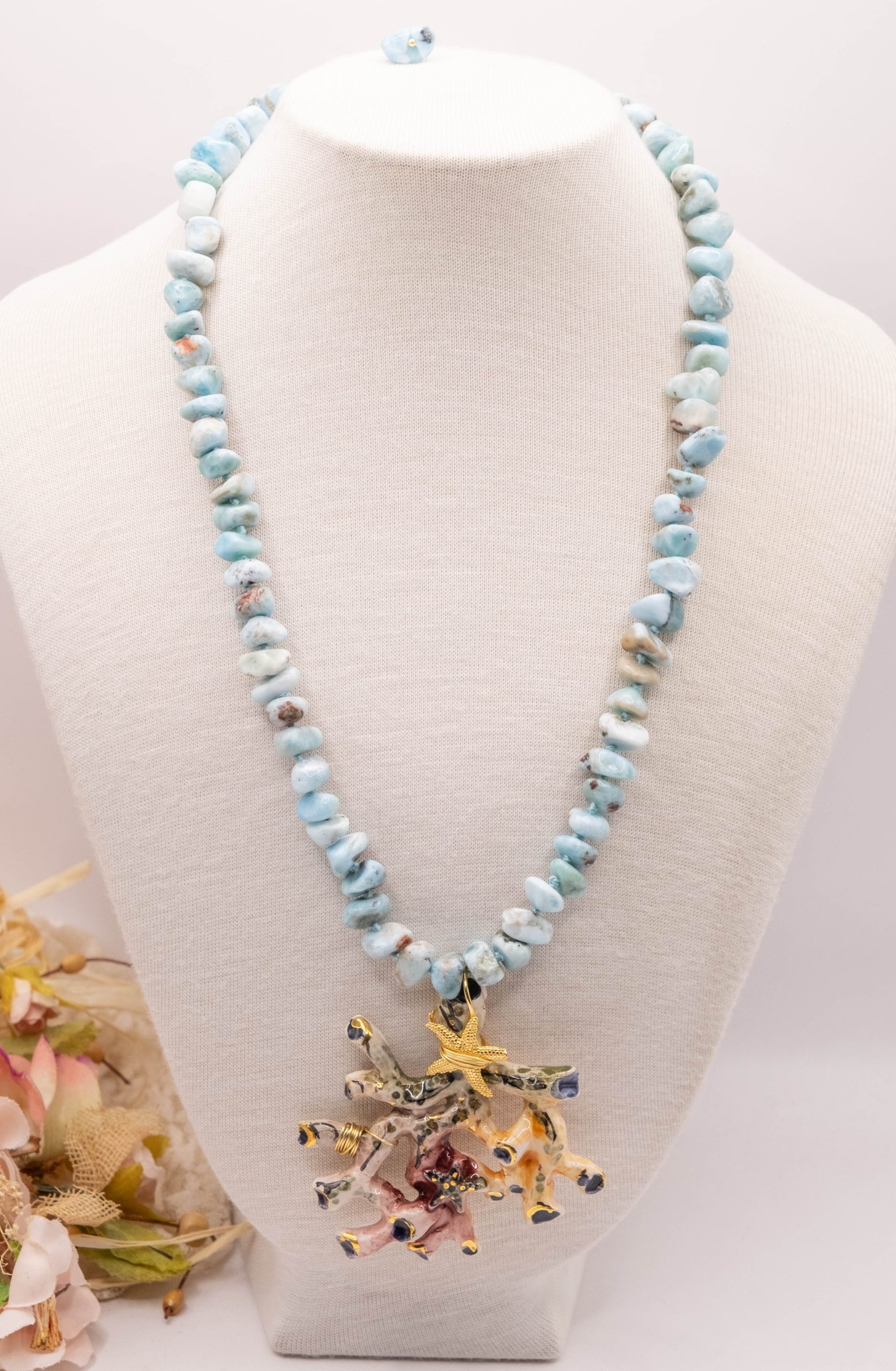 COLLANA ARTIGIANALE LARIMAR NATURALE ARGENTO DORATO RAMO DI CORALLO CERAMICA DI CALTAGIRONE (1)